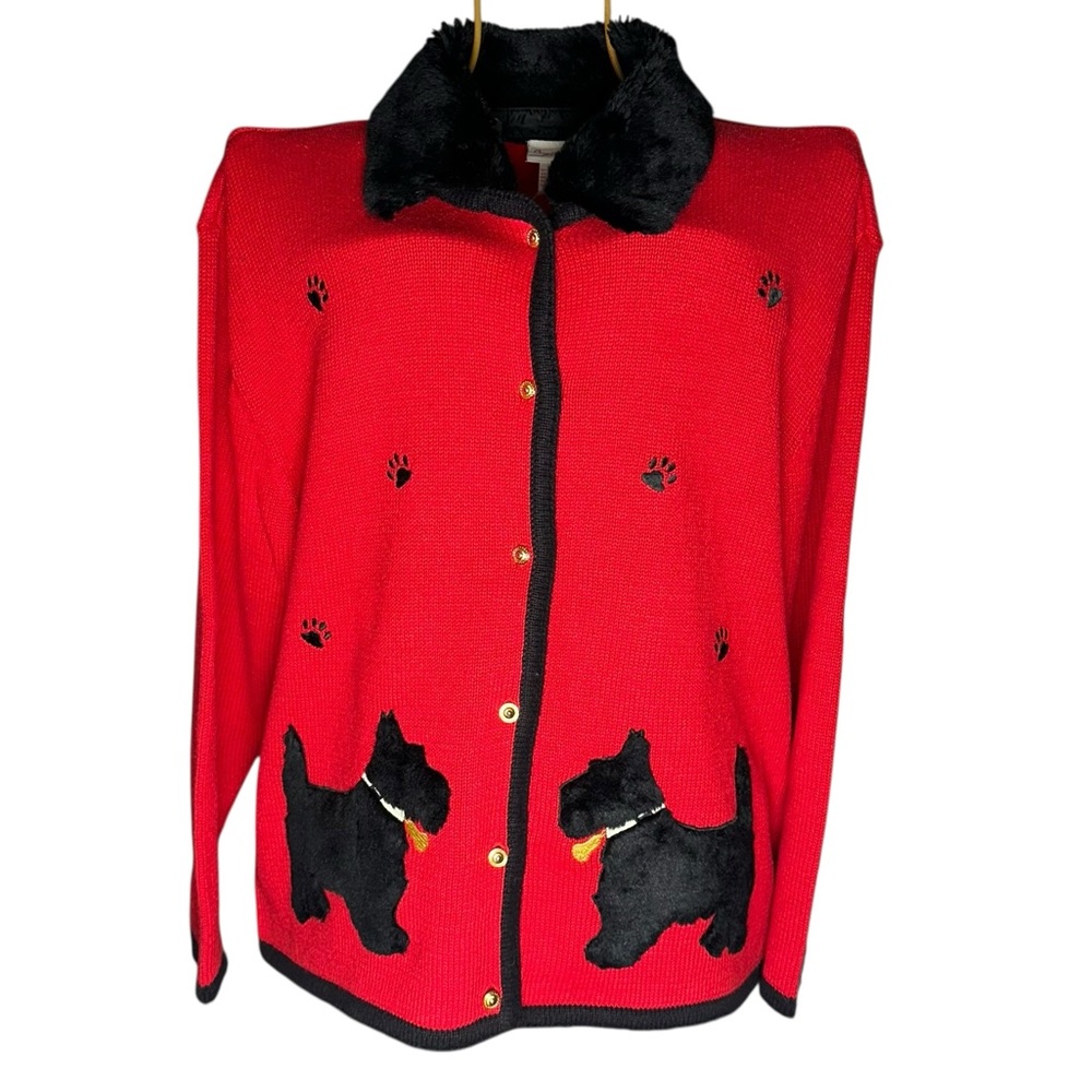Vintage Crystal Kobe Red 3D Furry Scottie Dog Cardigan Sweater - Women’s Size XL